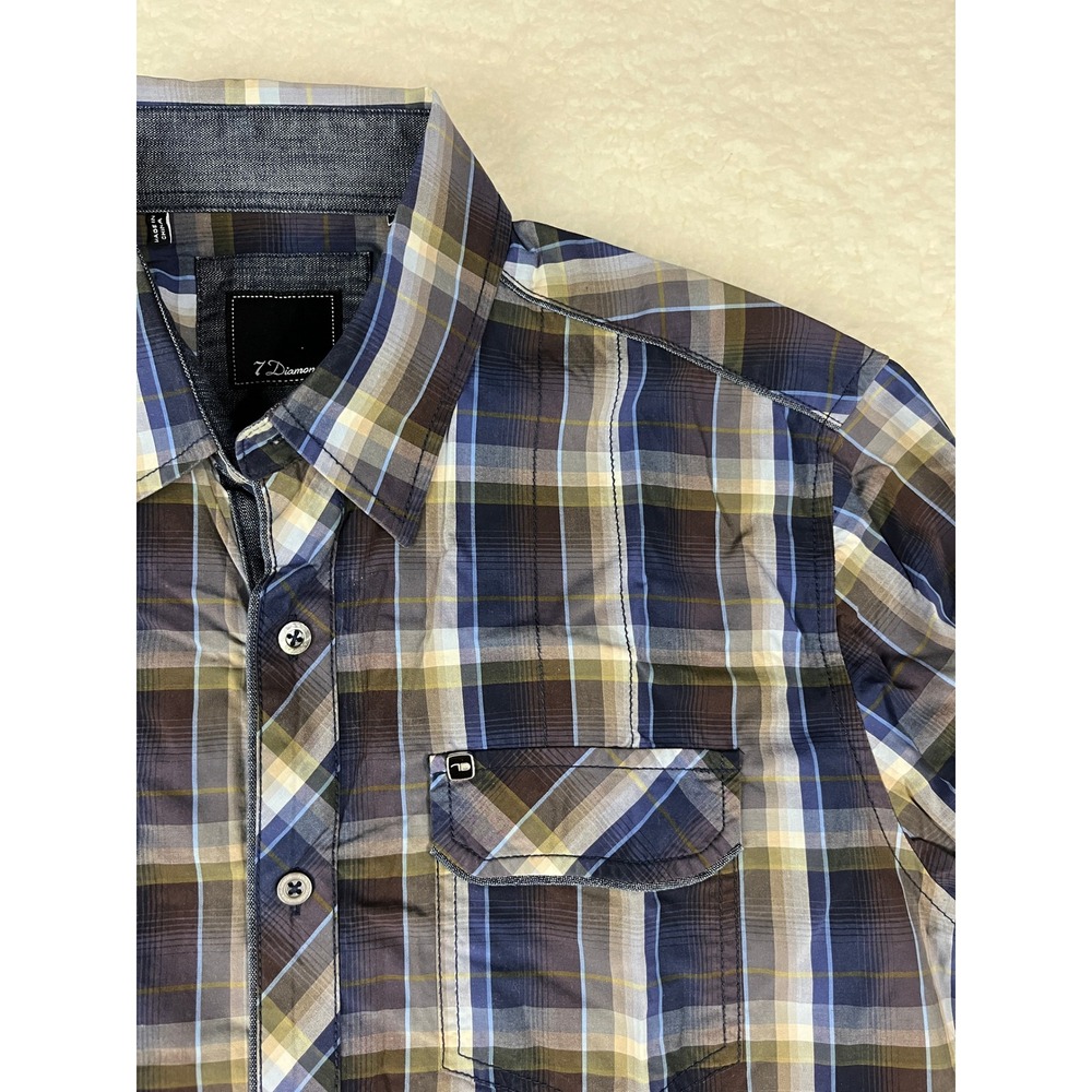 7‎ Diamonds Mens Plaid Long Sleeve Button Up Shirt Size M